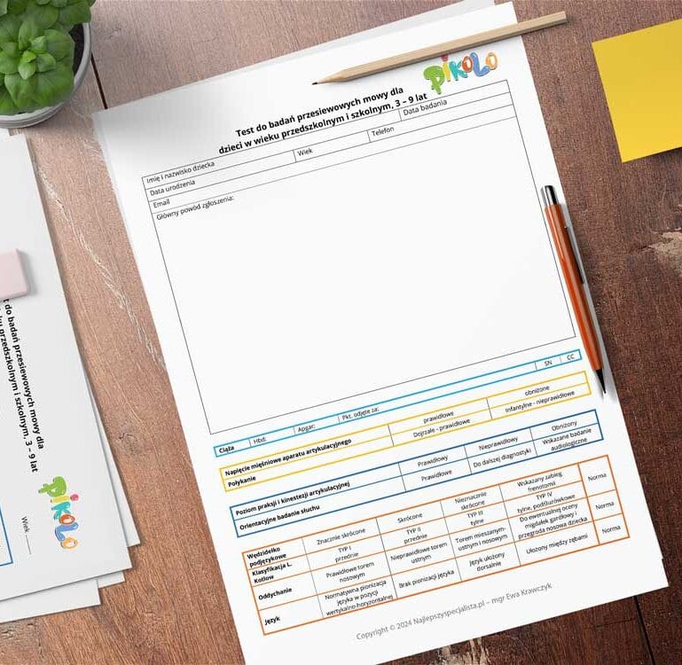 Karta badań test do badań przesiewowych, mowy w wieku przedszkolnym i szkolnym - wersja skrócona Badanie przesiewowe mowy