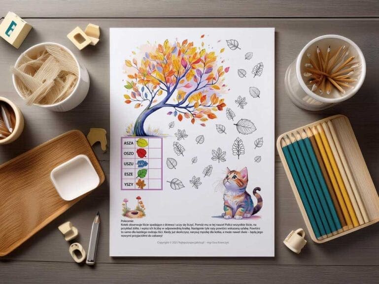 Szumiący świat głoski SZ - zeszyt logopedyczny nr 3 - pdf - liście i kotek