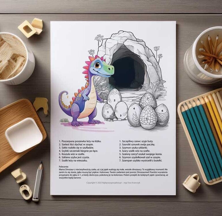 Karta pracy nr 33 z „Zeszytu logopedycznego nr 3 – Szumiący świat głoski SZ” – PDF do pobrania